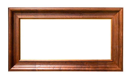 long wide dark brown wooden picture frame cutout on white background