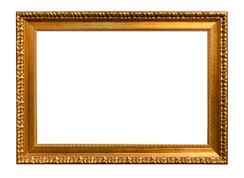 horizontal vintage carved golden wooden picture frame cutout on white background