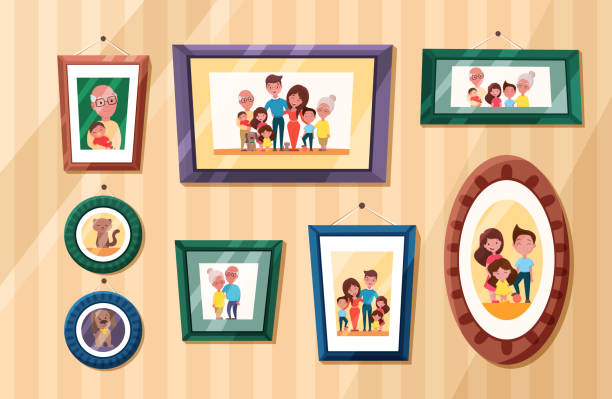 Family photos with Parents and kids portrait in frames. Memory pictures with grandparents, children and pets. Vector cartoon illustration Family photos with Parents and kids portrait in frames. Memory pictures with grandparents, children and pets. Vector cartoon illustration family photo on wall stock illustrations