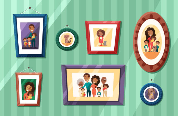 Big African American family photos portraits in colored frames on wall. Mother and father with baby, grandparents and children. Vector cartoon flat illustration Big African American family photos portraits in colored frames on wall. Mother and father with baby, grandparents and children. Vector cartoon flat illustration family photo on wall stock illustrations