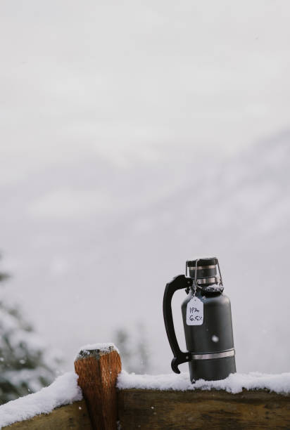 un growler pieno di birra fredda siede sulla ringhiera di legno innevata all'esterno - bitter beer bottle alcohol beer foto e immagini stock