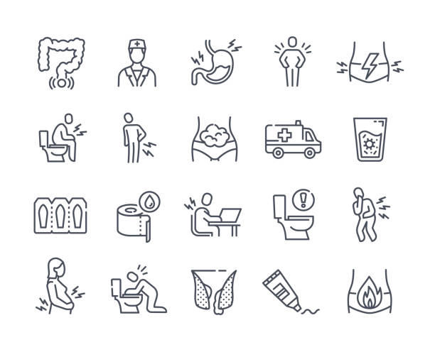 Minimalistic medical icons Minimalistic medical icons. Collection of linear stickers with hemorrhoids, diarrhea, nausea, abdominal pain and intestinal diseases. Cartoon modern flat vector set isolated on white background blood and guts stock illustrations
