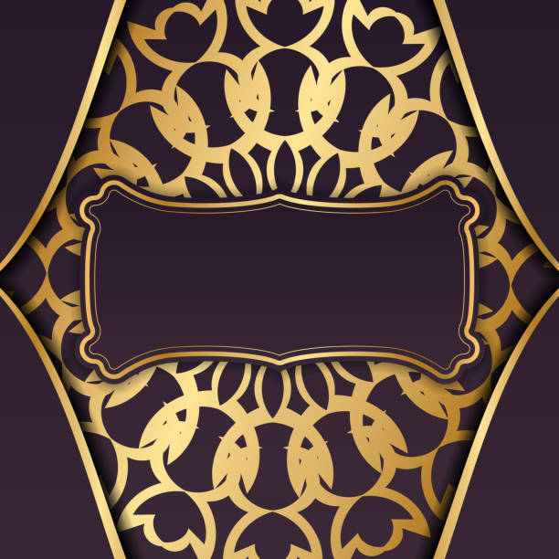 istock Greeting card template in burgundy color with Greek gold pattern prepared for printing. 1345367813
