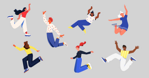 Happy free people flying concept Happy free people flying concept. Men and women jump in air. Characters strive for goal and develop. Smiling person in various poses. Cartoon flat vector collection isolated on gray background happiness stock illustrations
