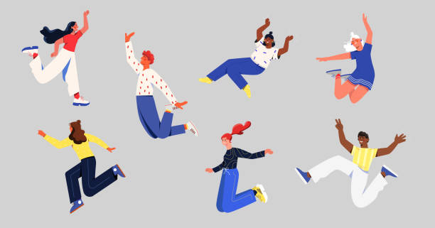 Happy free people flying concept Happy free people flying concept. Men and women jump in air. Characters strive for goal and develop. Smiling person in various poses. Cartoon flat vector collection isolated on gray background jumping stock illustrations