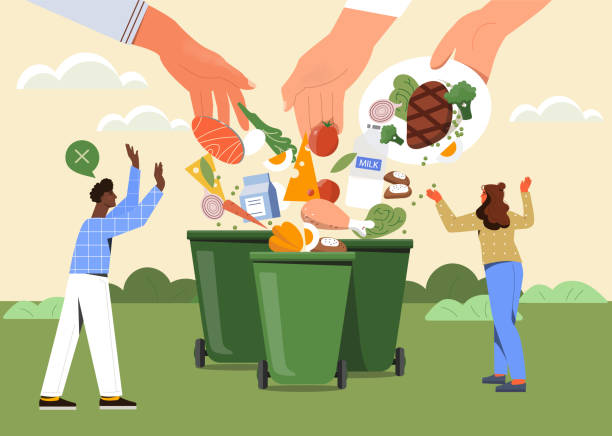 Food waste concept Food waste. Big hands throw leftovers of dishes into trash. Get rid of expired products. Excessive consumption. Taking care of environment. Cartoon flat vector illustration isolated on pink background food stock illustrations