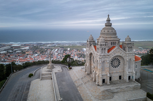 Santa Luzia church sanctuary drone aerial view in Viana do Castelo and atlantic ocean on the background, in Portugal