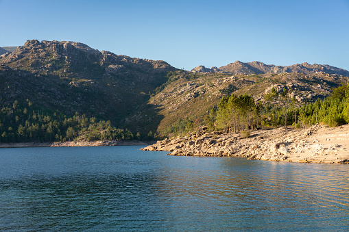 Landscape of Lake and mountains in Vilarinho das Furnas Dam in Geres National Park, in Portugal