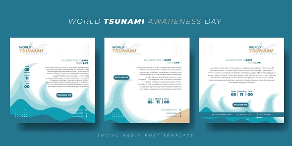 Set of social media post template with tsunami waves design on white background. World Tsunami Awareness Day template design. Good template for online advertisement design.