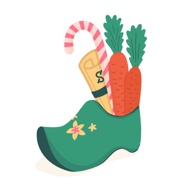 stockillustraties, clipart, cartoons en iconen met saint nicholas - sinterklaas - dutch santa traditional boots with gifts, carrots and candy. - pepernoten