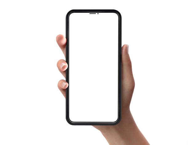 Hand showing a smarphone blank display. Woman hand showing a smarphone blank screen. 3d rendering. iphone hand stock pictures, royalty-free photos & images