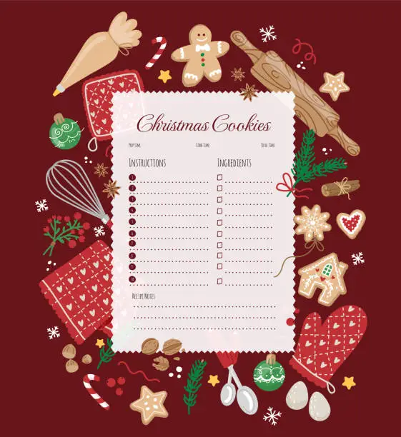 Vector illustration of Christmas recipes template with ingredients for Christmas baking and design elements on red background.
