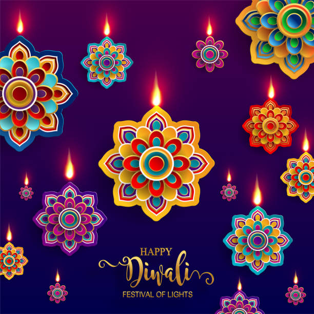 diwali 2020 045 Diwali, Deepavali or Dipavali the festival of lights india with gold diya on podium, patterned and crystals on paper color Background. diwali stock illustrations