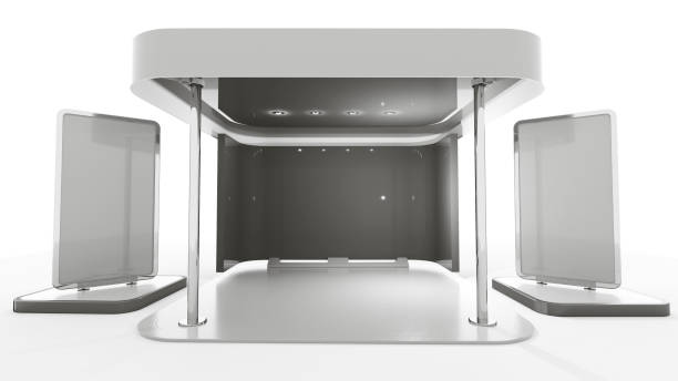 istock Exhibition stand design from fron view, Booth mock-up with roll-up banner, 3D rendering 1345378443