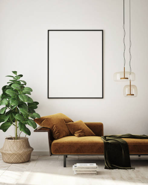 moldura de pôster em fundo interior moderno, sala de estar, estilo escandinavo, renderização 3d, ilustração 3d - 1466 - fotografias e filmes do acervo