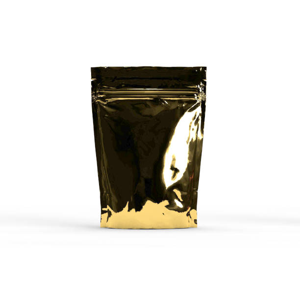 Gold colored paper doypack stand up packaging pouch with zipper on white background