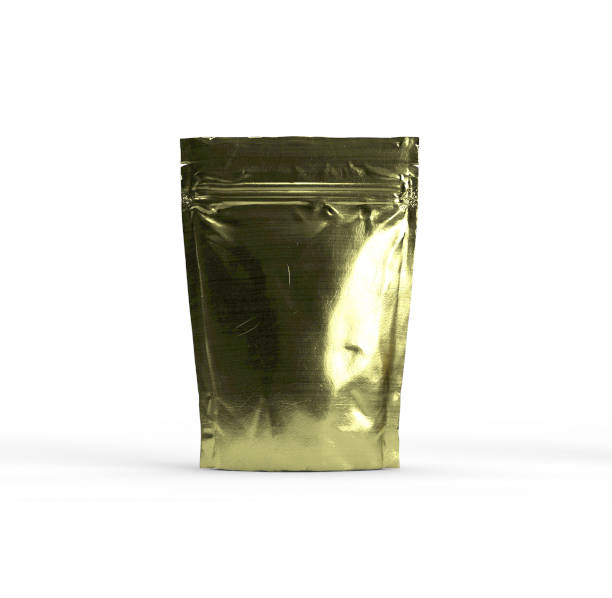istock Gold colored paper doypack stand up packaging pouch with zipper on white background 1345382612
