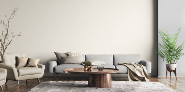 innenarchitektur der modernen wohnung, graues sofa im wohnzimmer, beige sessel, wandmodell im wohndesign 3d-rendering - wohnzimmer stock-fotos und bilder