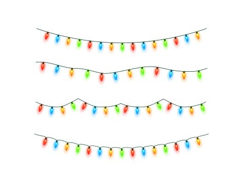 Christmas lights isolated. Colorful Xmas garland. Vector glowing light bulbs on wire strings.