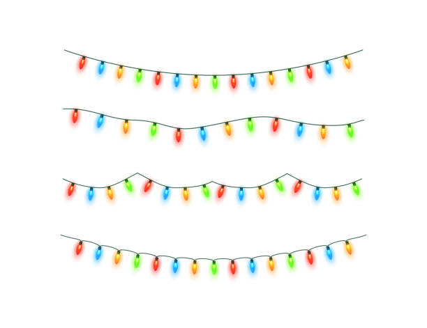 Christmas lights. Colorful Xmas garland Christmas lights isolated. Colorful Xmas garland. Vector glowing light bulbs on wire strings. string illustrations stock illustrations