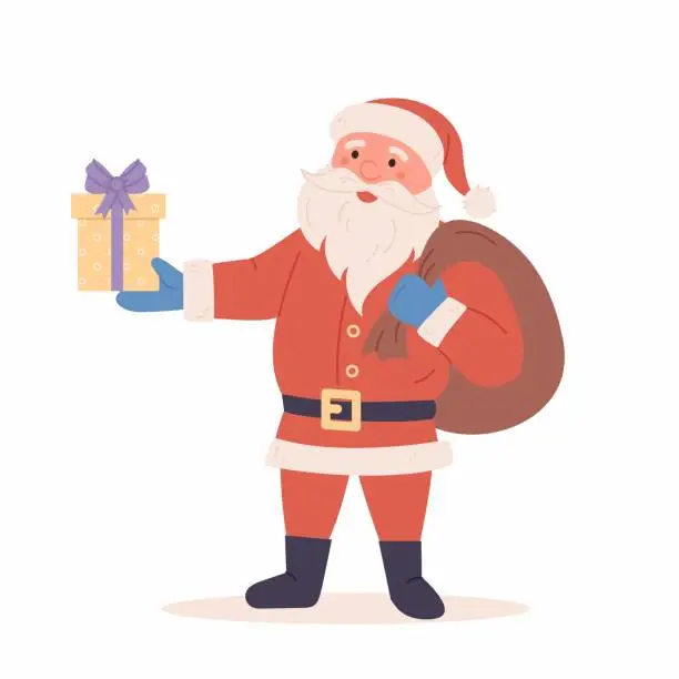 Vector illustration of Funny happy Santa Claus character with gift, bag with presents.