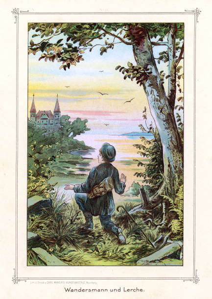 Vintage illustration of Boy finding a magical castle in the woods, German, Victorian fantasy 19th Century