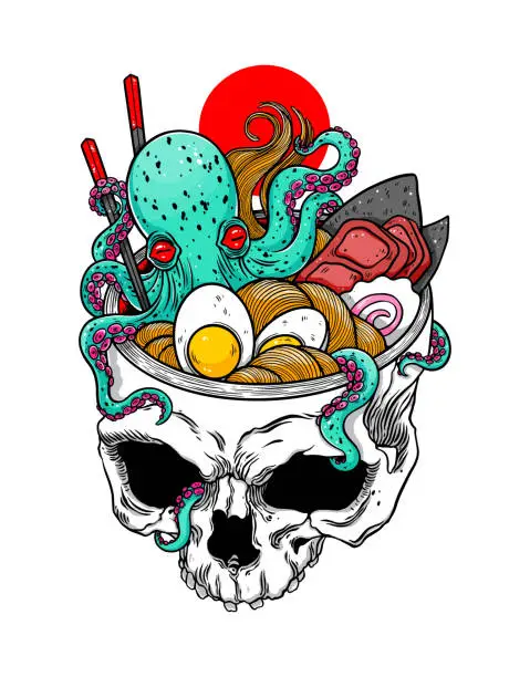 Vector illustration of Skull octopus ramen