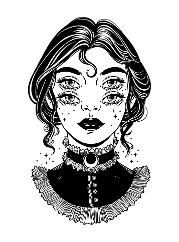 Cute victorian witch with four eyes. Graphic illustration. Dark art