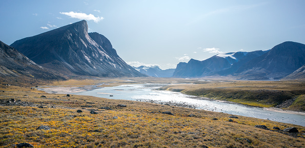 Wild Owl River winds through remote arctic landscape in Akshayuk Pass, Baffin Island, Canada. Moss valley floor and dramatic cliffs. Sunny day of arctic summer in remote wilderness far north