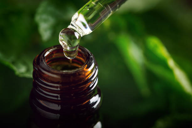 istock Essential oil falling from glass dropper into amber bottle 1345392849