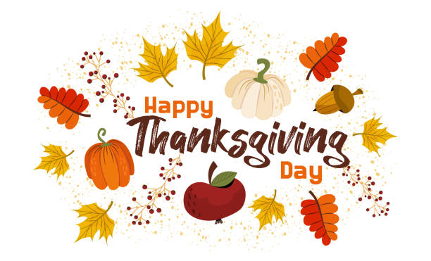 istock Happy Thanksgiving with autumn leaves, pumpkins, an apple. Decorated with maple leaves, acorn. Vector illustration for postcards and invitations. Autumn festival of harvest and leaf fall.. 1345394708