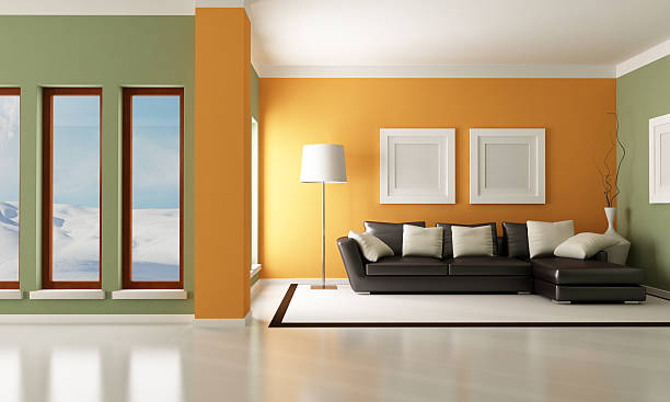 istock An open concept living room in orange and green 134539949