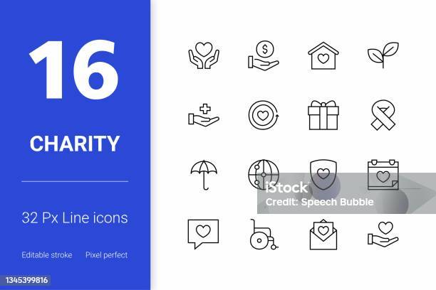Charity Editable Stroke Line Icons Stock Illustration - Download Image Now - Icon, Hand, Heart Shape