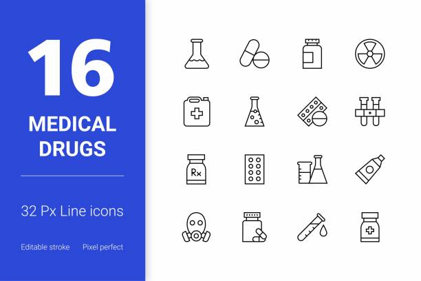 stockillustraties, clipart, cartoons en iconen met medical drugs editable stroke line icons - pillenpotje