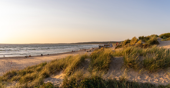Halmstad, Sweden - July 17, 2021: Tylösand Beach in Halmstad is one of Swedens most popular beaches with 7km of beautiful golden sand.