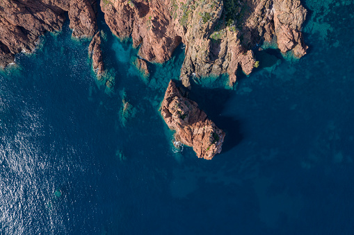 Esterel Massif in the south of France. Aerial view, top shot. Sea view.