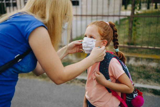 istock Mother and daughter with protected facemasks in front of the school 1345403505
