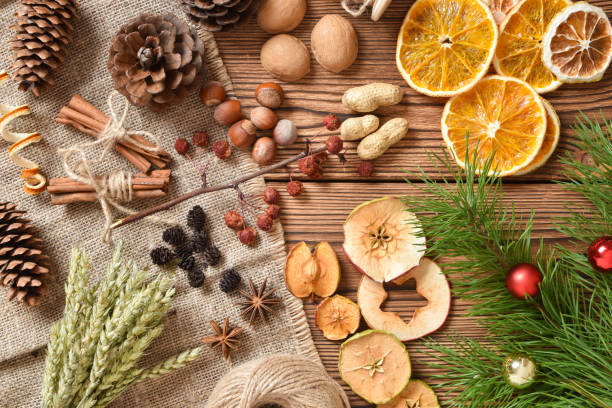 istock Wooden background with various natural materials for eco-design. 1345404303