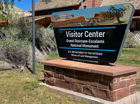Escalante, Utah - May 12, 2021: Sign for the Visitor Center Grand Staircase-Escalante National Monument located in Escalante, Utah.