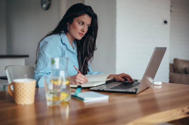 istock Businesswoman using a laptop while working from home 1345405888