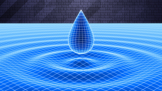 Grid of a drop and rippled surface on binary background as a symbol of cyberspace. 3D Illustration.