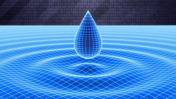 Grid of a drop and rippled surface on binary background as a symbol of cyberspace. stock photo