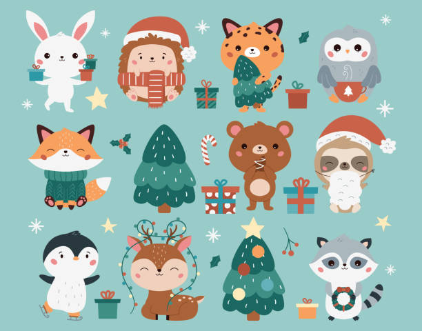 Christmas set with cute kawaii animals - fox, bunny, leopard, hedgehog, owl, raccoon, deer, penguin, bear and sloth. Cartoon characters. Happy New Year. Vector illustration. kawaii cat stock illustrations