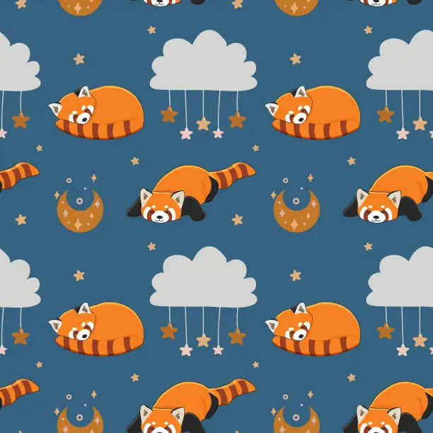 Vector illustration of Seamless vector pattern with red panda, stars, and moon. Trendy baby texture for fabric, wallpaper, apparel, wrapping.