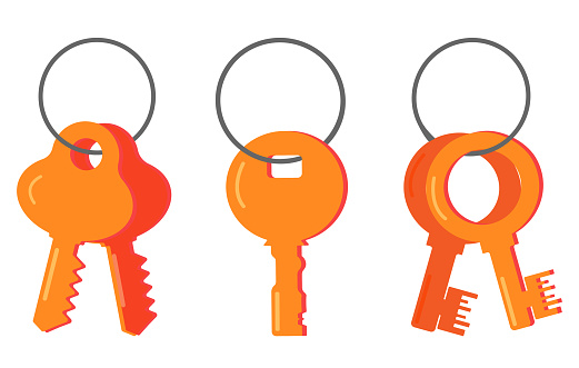 A set of vector keys, a flat icon in cartoon style, a modern and classic bunch of retro-style door keys hanging on a ring.
