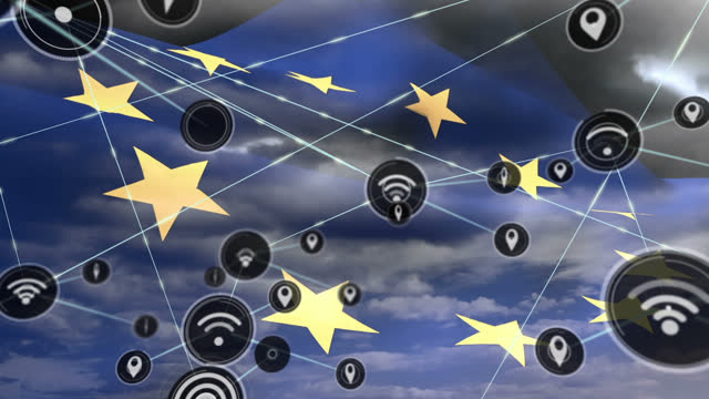 Network of digital icons over waving eu flag against clouds in the sky
