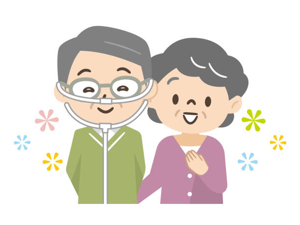 ilustrações, clipart, desenhos animados e ícones de ilustração de um homem idoso e sua família durante a oxigenoterapia - casal de meia idade