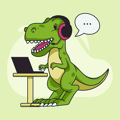 Dinosaur mascot logo design illustration. Tyrannosaur T-Rex as an operator and customer service.