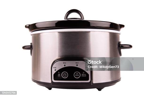 Stainless Crock Pot Isolated On A White Background Stock Photo - Download Image Now