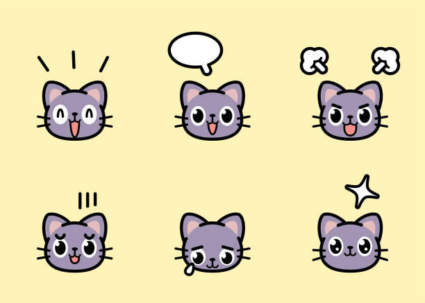 illustrations, cliparts, dessins animés et icônes de ensemble d’icônes de chat doux avec six expressions faciales dans des tons pastel de couleur - shouting screaming furious silhouette